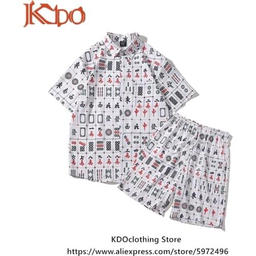 Original Design God of Gamblers Mahjong Pattern Printed Short-sleeved Suit Hawaiian Shirt Male Set Floral Shirt Set half short