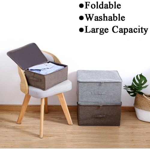 Cotton Linen Storage Box Washable Foldable Clothes Organizer With Lid Stackable Toys Book Sundries Storage Basket Home Organizer