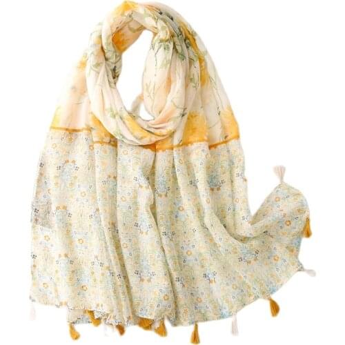 2021 Summer Flower Print Hijab Tassels Fashion Muslim Women Shawl Scarf Malaysia Scarves Foulard
