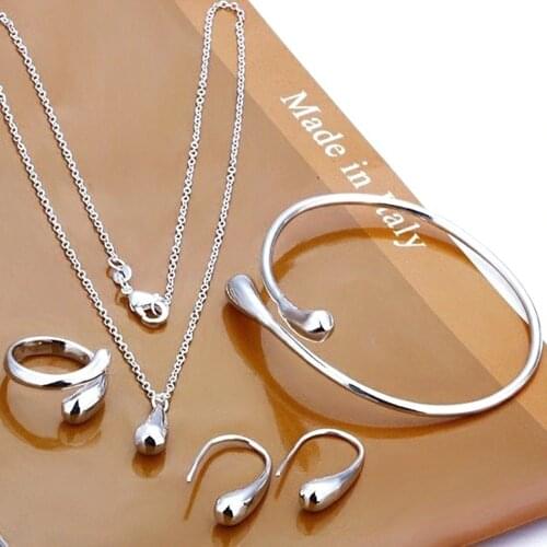 Fashion Elegant Four-pieces Jewelry Sets Tear Drop Necklace Earrings Bangle Ring Copper Women Jewelry Set Valentine Gift