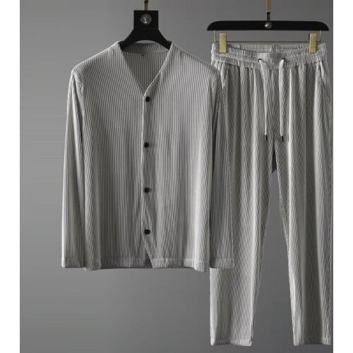 Grey pleated casual suit mens 2021 summer thin cardigan long sleeve pants two piece suit