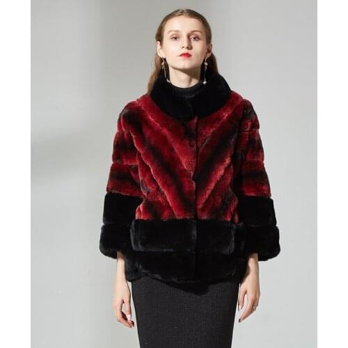 Winter Jacket Coat Women Fashion Rex Rabbit Fur Outwear Stand Collar Chinchilla Overcoat