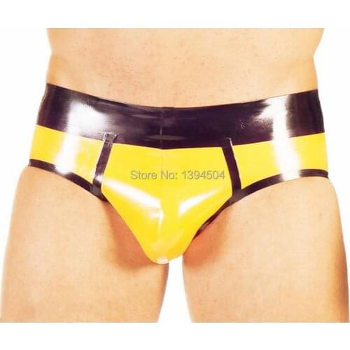 Hot sexy Latex male yellow spliced lingerie Cycling Shorts Tight Underwear cekc men costumes fetish lenceria zentai uniform