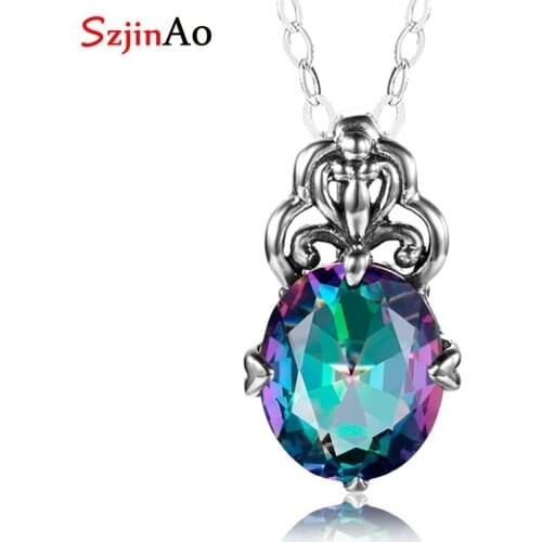 Szjinao Mystic Topaz Pendant Handmade Silver 925 Jewelry Gemstone Rainbow Topaz Vintage Famous Brand Women Accessories Spring