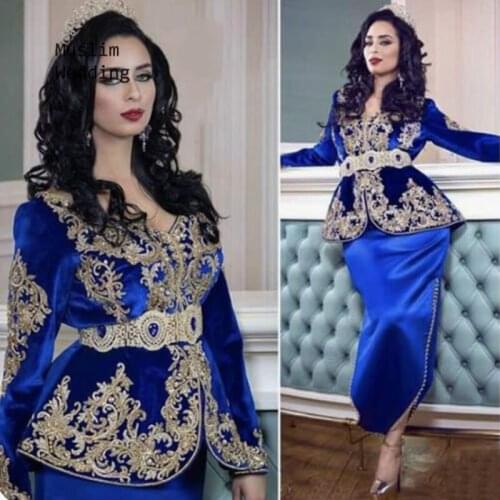 Luxury Royal Blue Kaftan Evening Dresses Elegant Long Sleeve Short Prom Dress 2020 With Gold Appliques Satin Crystal Party Gown