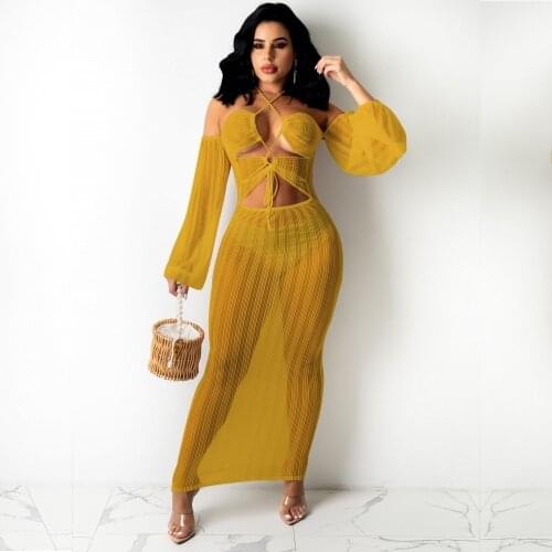 Sexy Mesh Beach Lace Up Maxi Dresses 2021 Summer Womens Sexy Club Dress Long Sleeve Hollow Out Hot Sale Lady Long Dress