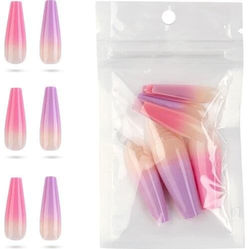 Mix Color Faux Ongles With Glue Sticker Ombre Long Coffin Fake Nails With Design Full Cover Impres Press On Nails Ballerina Tips