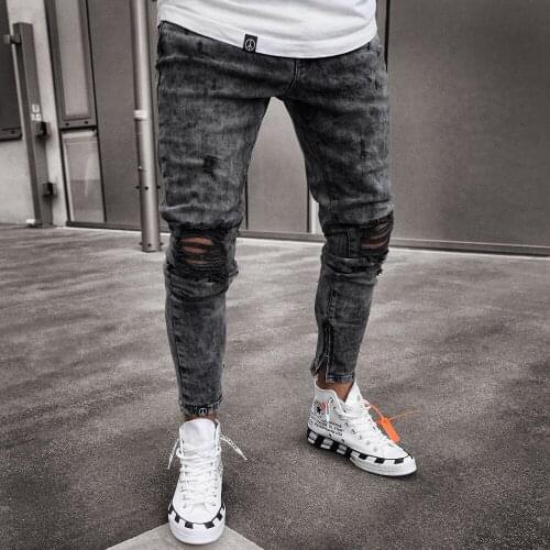 SOFIE Fashion Men Holes Jeans Elastic European Men Hip Hop Ripped Slim Jeans pants Embroidered little feet Trousers