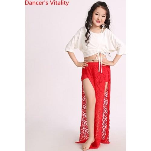 Belly Dance Top Or Skirt Bat Sleeves Shirt Double Split Lace Skirt Practice Clothes Child Elegant Performance Clothing Summer