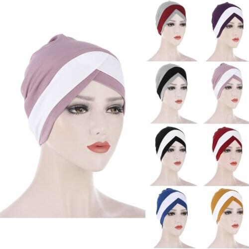 Forehead Cross Muslim Turban Pure Color Stretch Cotton Inner Hijabs For Caps Ready To Wear Women Head Scarf Under Hijab Bonnet