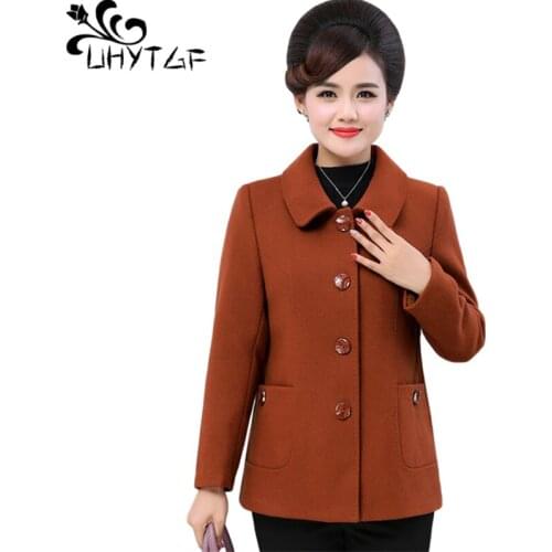 UHYTGF Elegant Mother 5XL Plus Size Jacket Single-Breasted Slim Autumn Winter Woolen Coat Solid Wild Casual Women Outerwear 1317