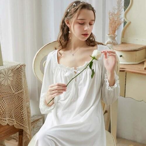 Wasteheart Women Homewear White Blue Sexy Sleepwear Nightdress Cotton Lace Nightwear Long Luxury Nightgown Court Gown