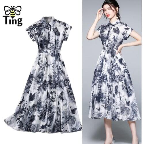 Tingfly Summer Runway Designer Shirt Dresses Womens Short Sleeve Jungle Ink Print Belt Office Retro Midi Dress Frocks Midi Robe