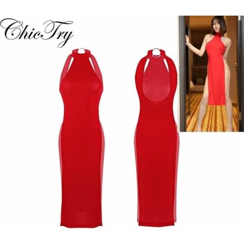 Female Women Sexy Hollow Open Sexy Cheongsam Baby Dolls Sleep Dress See Through High Cut Clubwear Nightwear Erotic Long Dress