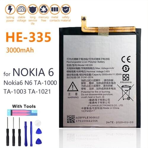 100% Genuine HE335 Battery For Nokia 6 Nokia6 N6 TA-1000 TA-1003 TA-1021 TA-1025 TA-1033 TA-1039 3000mAh Batteries With Tools