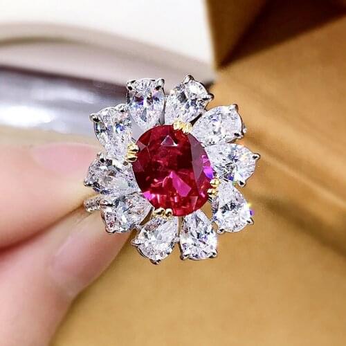 2021 New Luxury Real 925 Sterling Silver 8*10mm Simulated Moissanite Ruby Flower Ring Vintage Women Wedding Jewelry Gift
