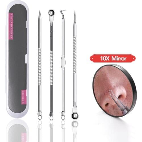 4pcs Stainless Steel Acne Removal Needles With Mirror Set Pimple Spoon Face Skin Care Tool Blackhead Remover Facial Pore Cleaner