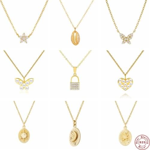 Aide 925 Sterling Silver Pearl Butterfly Heart Pendant Necklaces Women Zircon Lock Shell Charm Necklace Birthday Gift For Her