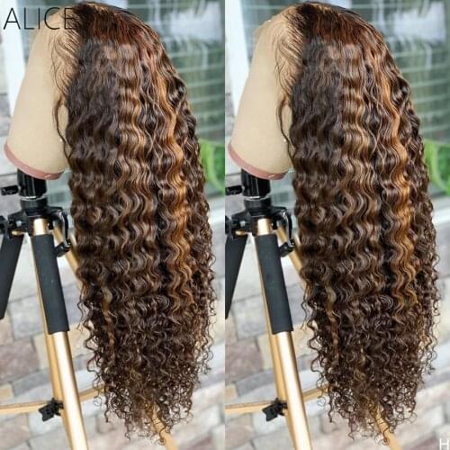ALICE Highlight Curly Lace Front Human Hair Wigs 150% Density Scalp Top Closure Wigs With Baby Hair Non-Remy