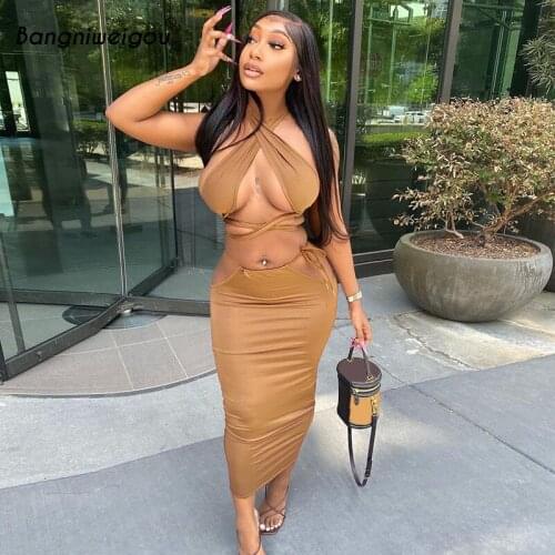 Bangniweigou hollow out bandage two piece set women criss cross crop top + tube dress sexy outfits night clubwear y2k skirt sets