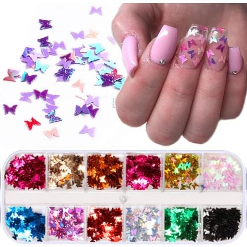 12 Grid/Set Sparkly Butterfly Nail Sequins Paillette Decoration Mixed Colors Nail Holographics Glitter 3D Art Accessory