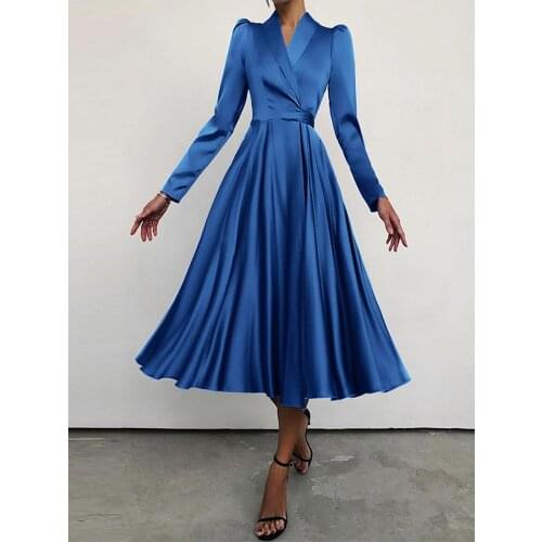 Celmia Dresss Elegant Women Party Dress Fashion Suit Collar Puff Sleeve High Waist Midi Vestidos With Bandage Solid Satin Dress