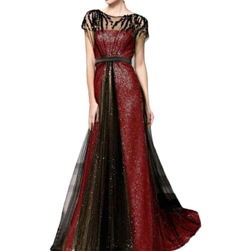 Sequins Long Evening Dresses Scoop Cap Sleeves Tulle Prom Dress Elegant Ruched Empire Formal Gowns vestidos de gala Ladies Gown