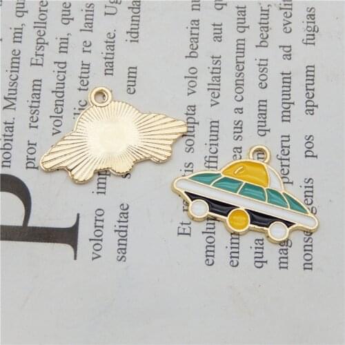 Julie Wang 4PCS Enamel Cartoon UFO Charms Alloy Gold Tone Spaceship Pendant Bracelet Jewelry Making Accessory