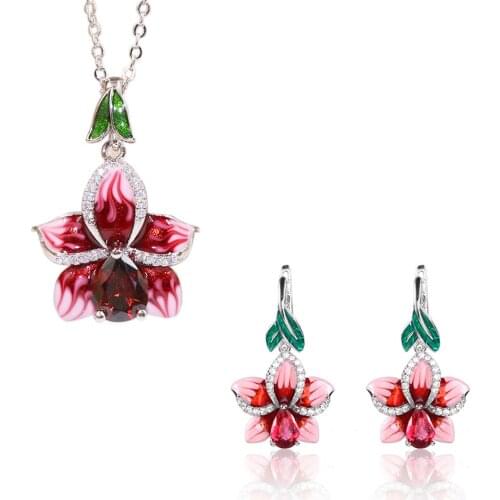 Enamel Flower 925 sterling silver Bridal Jewelry Set for Wedding Women Crystal Pendant Necklace Drop Earrings Engagement Set
