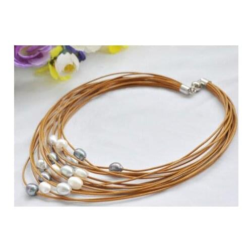 Classic Leather Pearl Jewellery,15Rows 20'' 13MM White Black Gray Natural Freshwater Pearl Coffee Leather Necklace Magnet Clasp