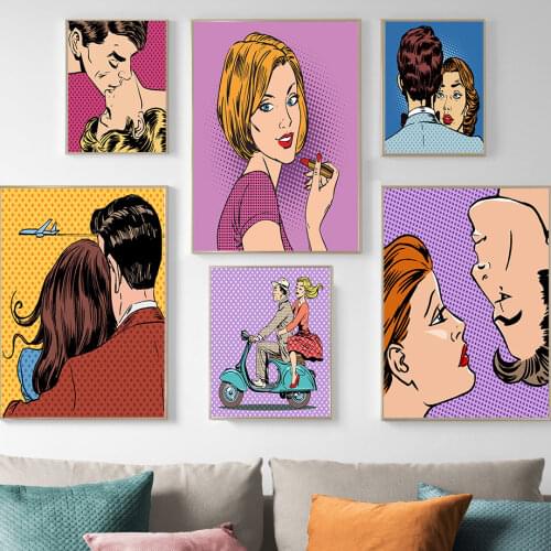 Man Woman Kiss Lipstick Airplane Cartoon Wall Art Canvas Painting Nordic Posters And Prints Wall Pictures For Living Room Decor
