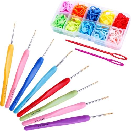 MIUSIE 160 PCS Crochet Hooks and Locking Stitch Markers Plastic Handle Knitting Needle Set for Yarn Sweater Weave for Beginners