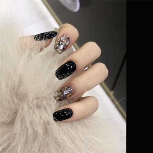 Bright black and sliver hit pure color with shell designs false nails french 24pcs cute fake nails with glue short full nail tip
