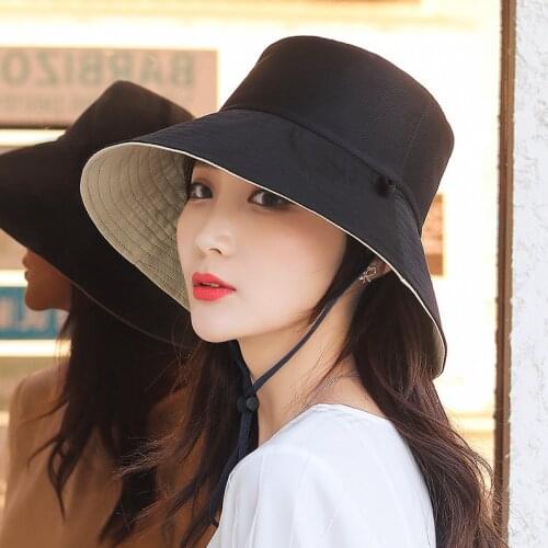 New Sunshade Double-sided Beach Hats Sun Protection Big Brim Women Bucket Hats Simple String Fishman Hat Lady Travel Casual Caps