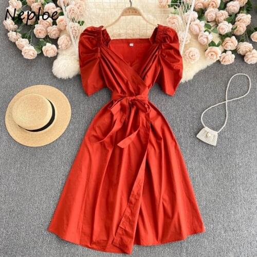 Neploe Vintage V-neck Summer New Mid-dress Women Puff Short Sleeve Elegant Female Robe Bow Bandage Slim Waist Vestido De Mujer