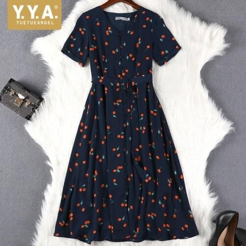 Qualities Women Summer Cherry Priting Short Sleeve V-Neck Chiffon Dresses High Waist Sashes Knee Length Plus Size 5XL Dresses