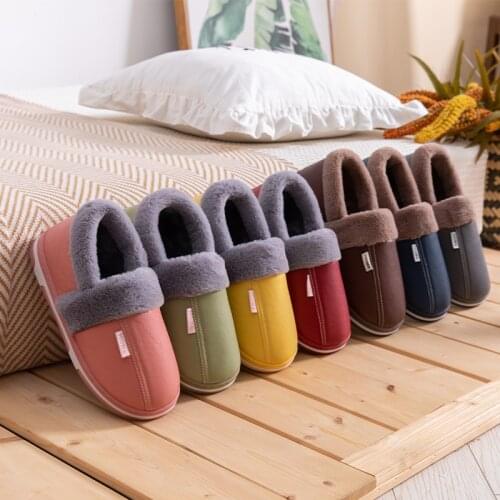 PU Leather Covered Root Cotton Slippers Men Women Indoor Home Wooden Floor Slides Water Blocking Slip-Resistant Cotton Shoes