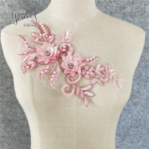 Pink Sewing Fabric Rhinestone 3D Flower Trim Dress Applique motif blouse Decor embroidery Collar Neckline DIY Clothing Accessory