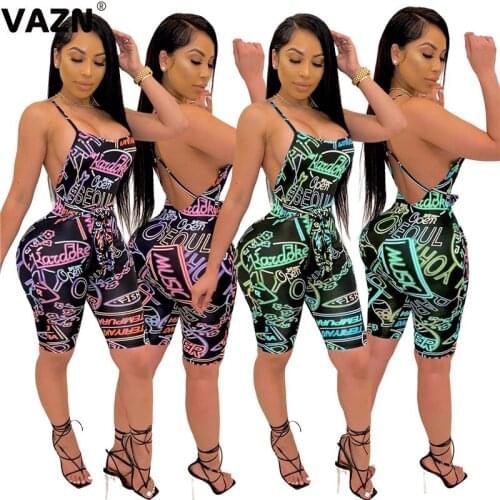 VAZN Sexy fashion 2020 sexy lady pink green print mid jumpsuit spaghetti strap backless skinny playsuits lady sexy club playsuit
