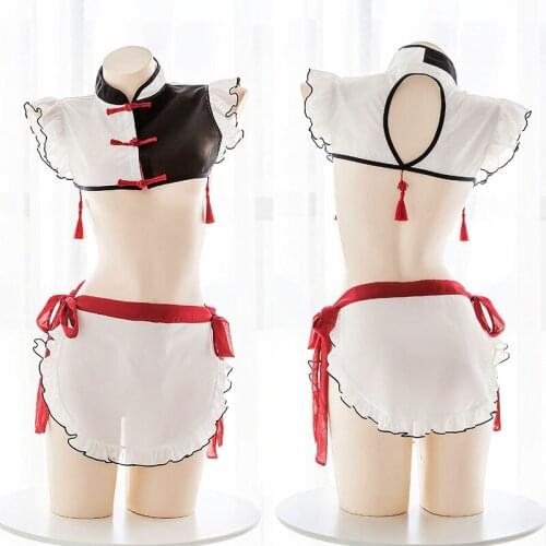 Sexy Women Cheongsam Lingerie Lolita Girls Black White Pacthwork Chinese Maid Camisoles Set Cosplay Underwear Intimates Set