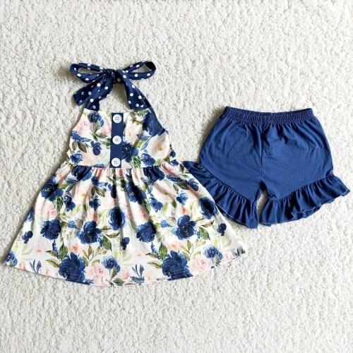 Fashion Girl Blue Flowers Tunic Top And Solid Color Shorts Set Toddler Kids Sleeveless Outfit With Belt Design