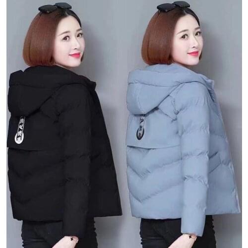 Womens Clothing 2021 New Autumn Winter Korean Down Cotton Jacket Short Hooded Fashion Pockets Printing Slim Coat Manteau Femme