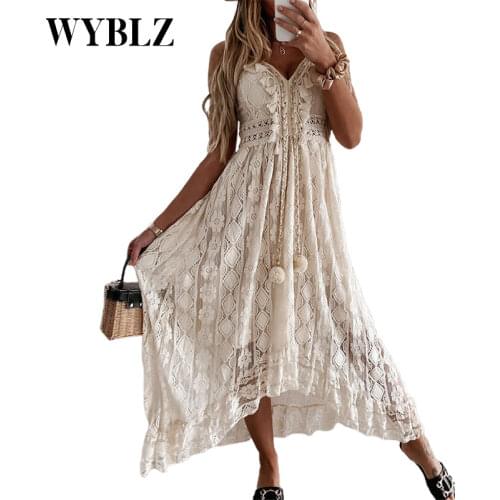 Summer Sleeveless Lace Long Dress Women V-Neck Solid Lady Dress Vintage Elegant Off Shoulder Hollow Out Mesh Loose Maxi Dresses