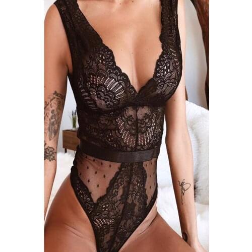 Summer Lace Bodysuit Women Floral Embroidery Deep V Neck Sexy Bodysuit Dot Patchwork Jumpsuit Overalls 2021
