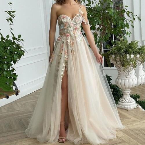 Champagne Fairy Boho Wedding Dress Colorful Lace Bride Dresses 2021 Vestidos de Noiva one Shoulder Princess Wedding Gowns Split