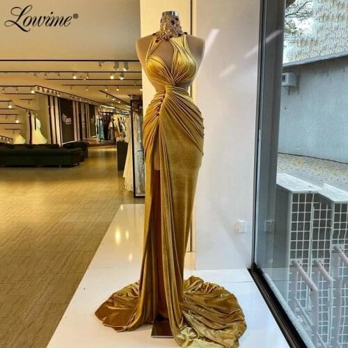 Lowime Dubai Design Long Party Elegant Woman Prom Dresses Crystals Beaded Mermaid Evening Dress 2021 Velvet Celebrity Dress Robe