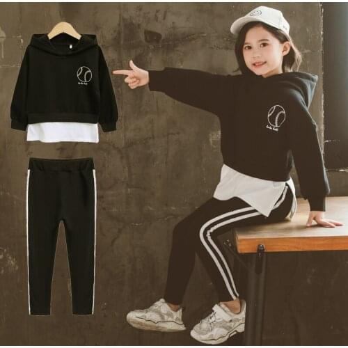 3-12Years Teenager Girls Spring Suit Long Sleeve Letter Patchwork Pullover Sweatshirt Pant Legging 2PCS Tracksuit Clothes Set