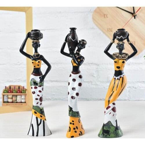 3pcs African Figure Women Sculpture Tribal Lady Resin Crafts Figurine Ornaments Creative Desktop Statue Home Decor Accessories