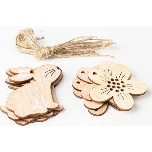 8pcs Easter Wood Rabbit Pendant Flower Wood Pendant Home Decor Wood Handing Penant For Children Son Daughter Easter DIY Gifts