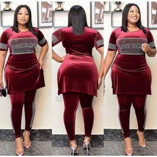 Velvet African Dresses for Women 2 Piece Set Dashiki Diamonds Dress Pants African Clothes Bazin Riche Famous Suit Vetement Femme